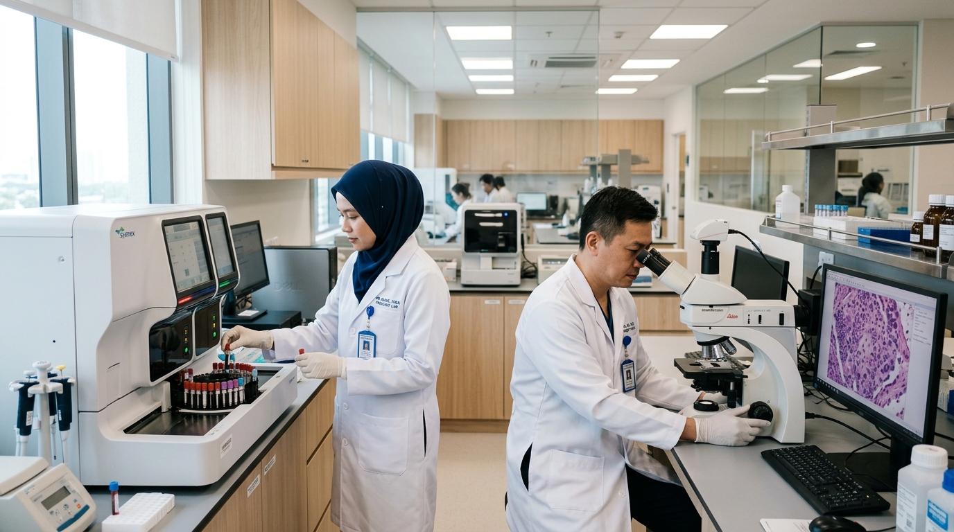 Medical laboratory scientists reviewing automated blood analysers and digital pathology