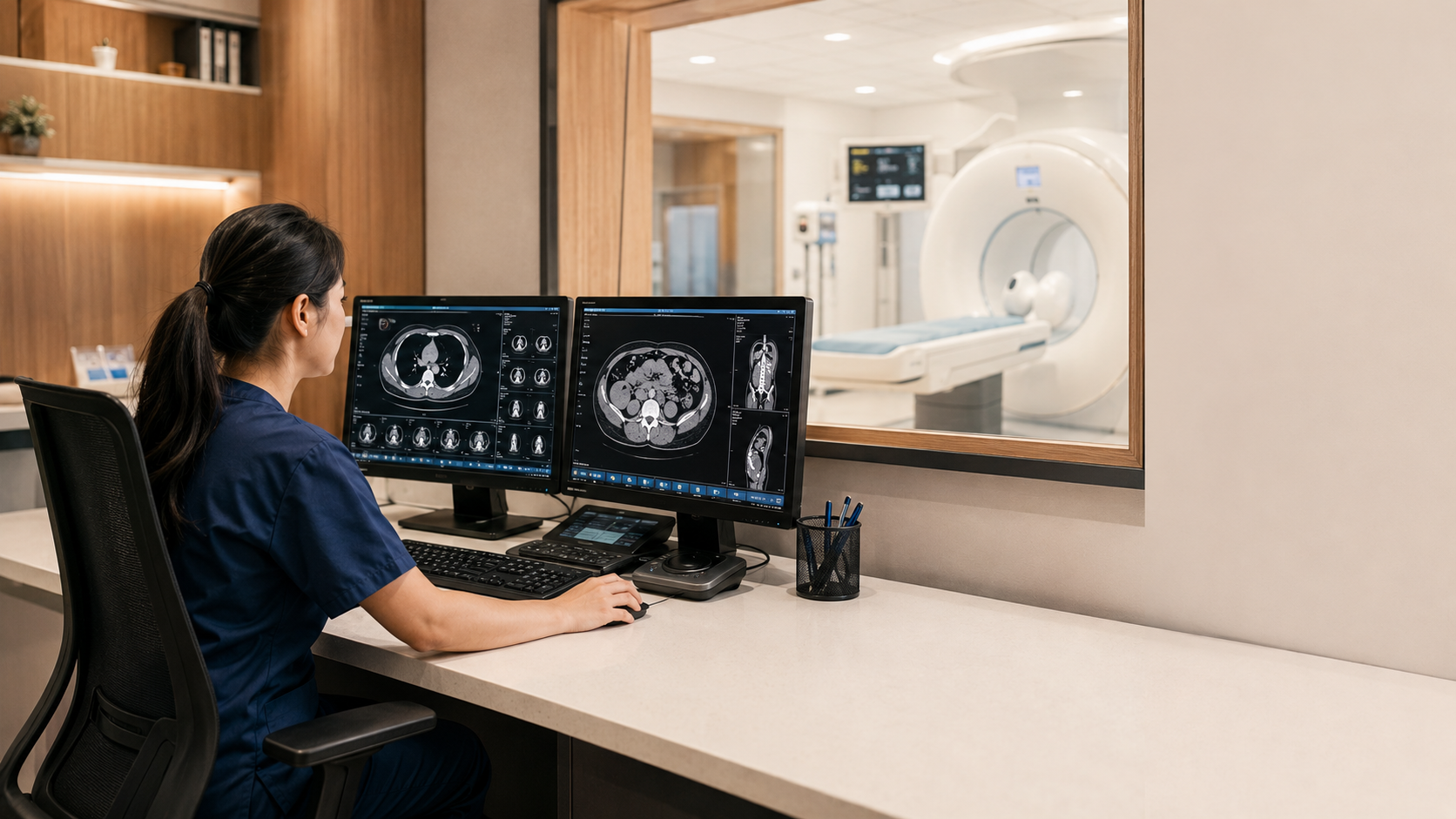 Imaging technologist reviewing diagnostic images in control room