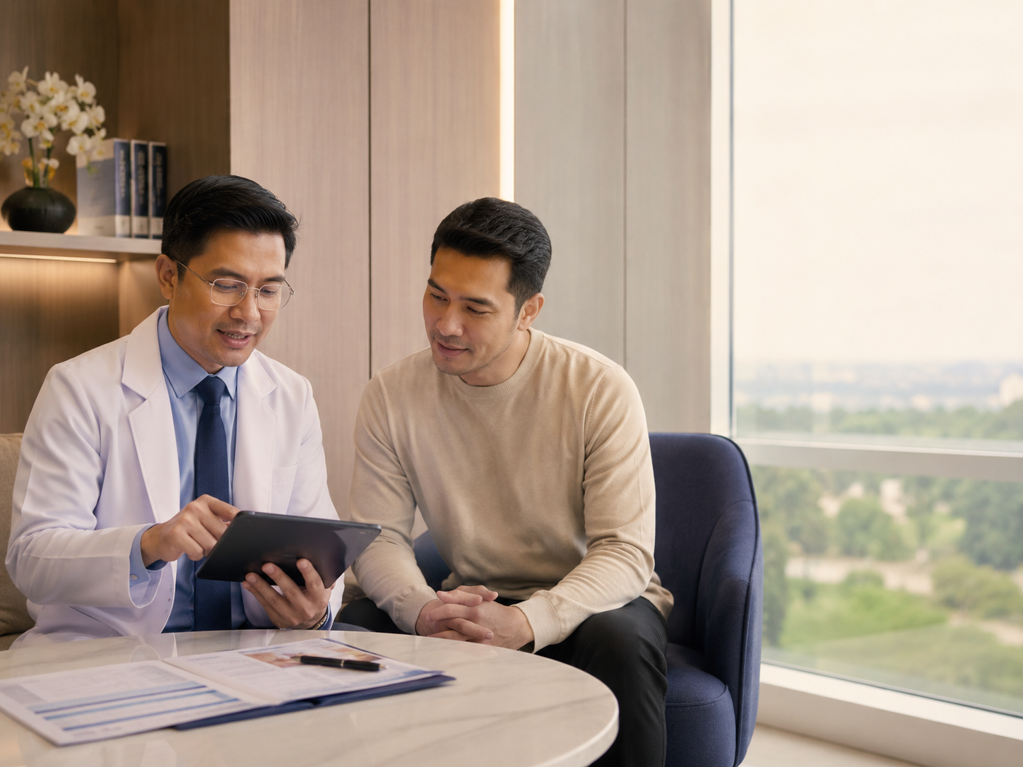 Doctor and patient reviewing a personalised treatment plan in consultation room