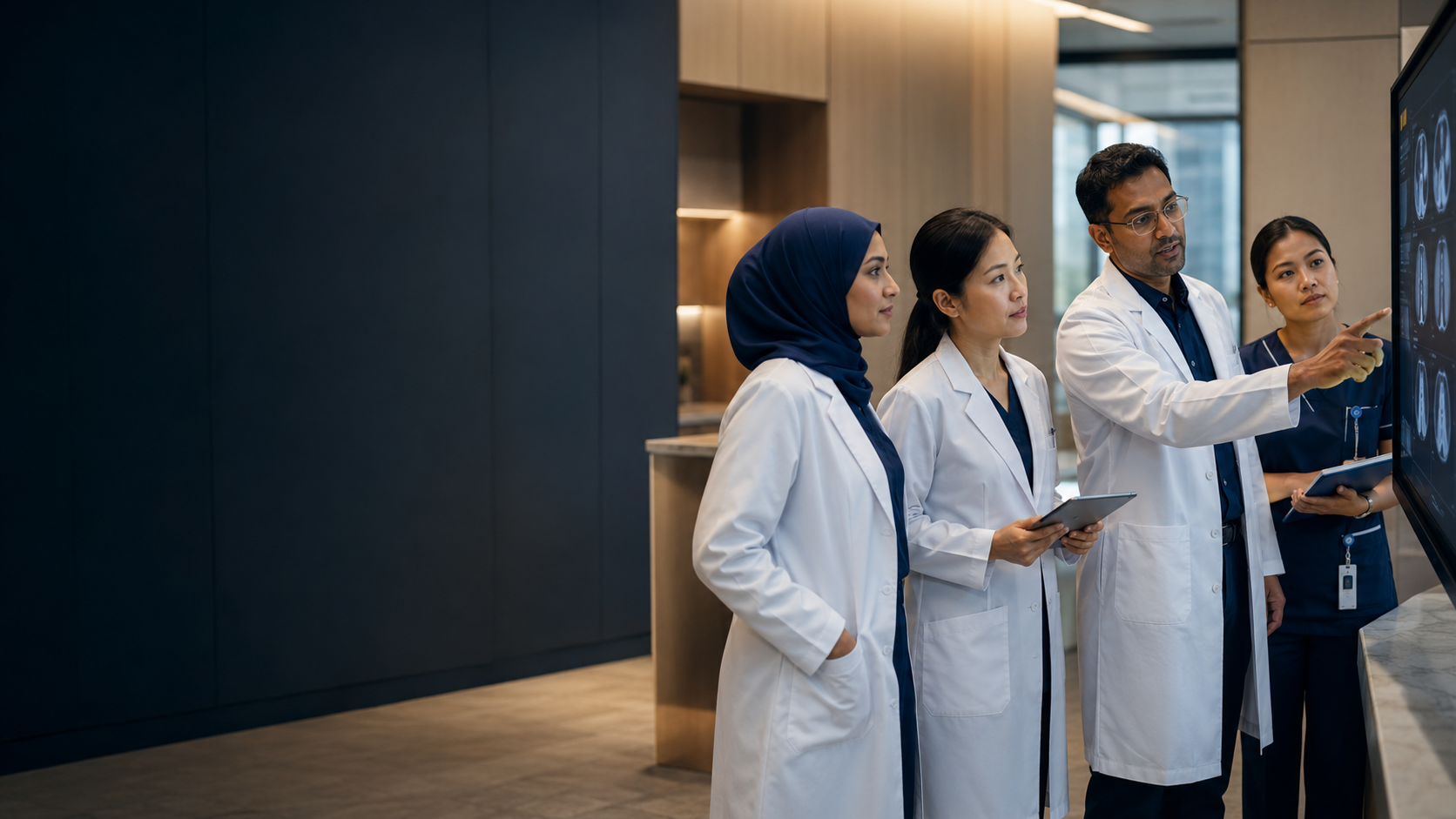 Malaysian cancer specialists collaborating in a modern clinical environment