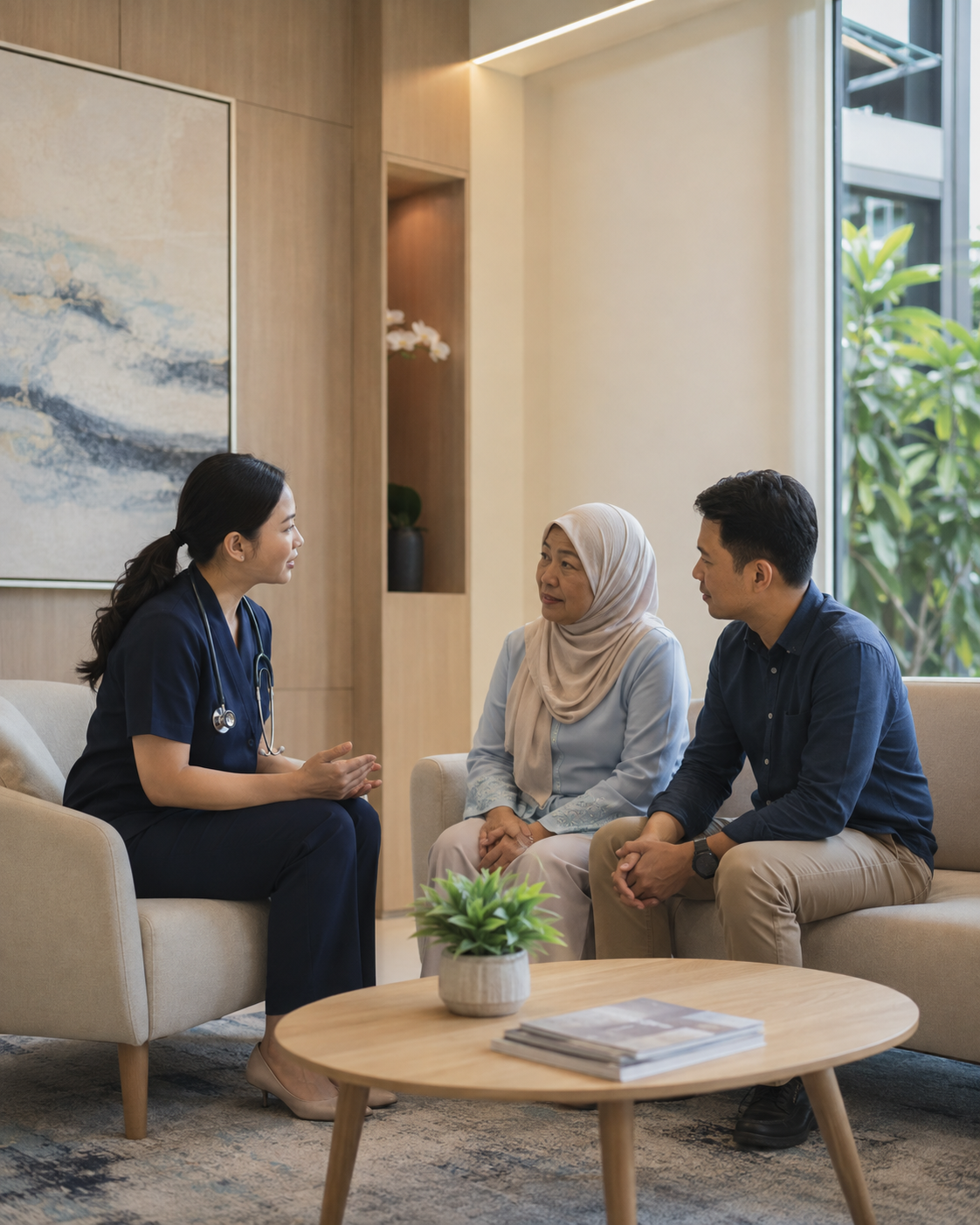 A Malaysian clinician speaking compassionately with an older patient