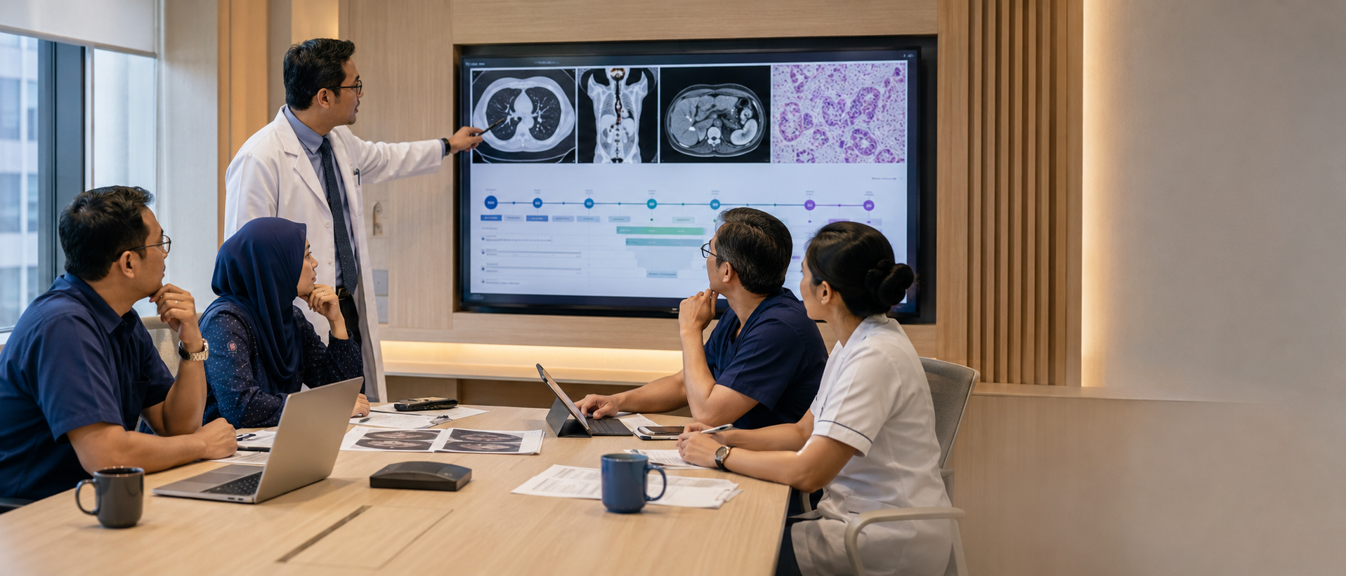 Cancer specialists reviewing medical imaging together during a multidisciplinary discussion